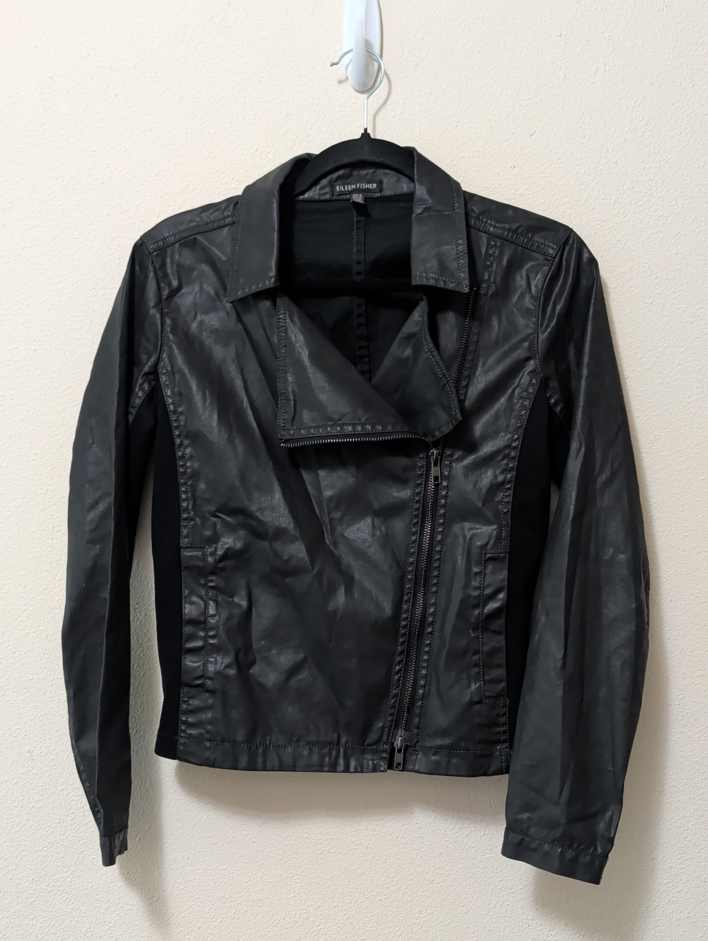 Eileen Fisher Black Faux Leather Asymmetrical Zip Jacket